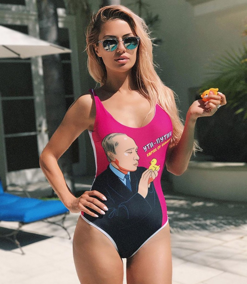 Influencer Victoria Bonya wears a swimsuit with an image of Vladimir Putin