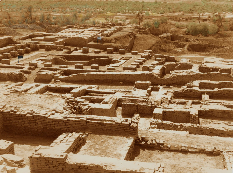 View from East to West of the Citadel of Mohenjo Daro with the baths and the granary in the background.