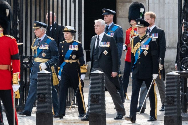 The Queen's coffin on a gun carriage, Whitehall, London