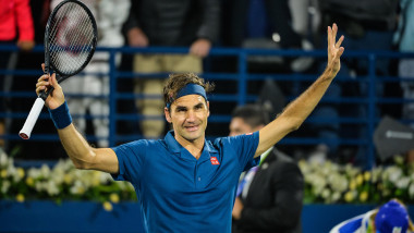Dubai, UAE. 1st March 2019. Former World no. 1 Roger Federer of Switzerland celebratings after winning in straight sets against Croatian Borna Coric in the semi finals of the 2019 Dubai Duty Free Tennis Championships 2019. Chasing his 8th Dubai and 100th