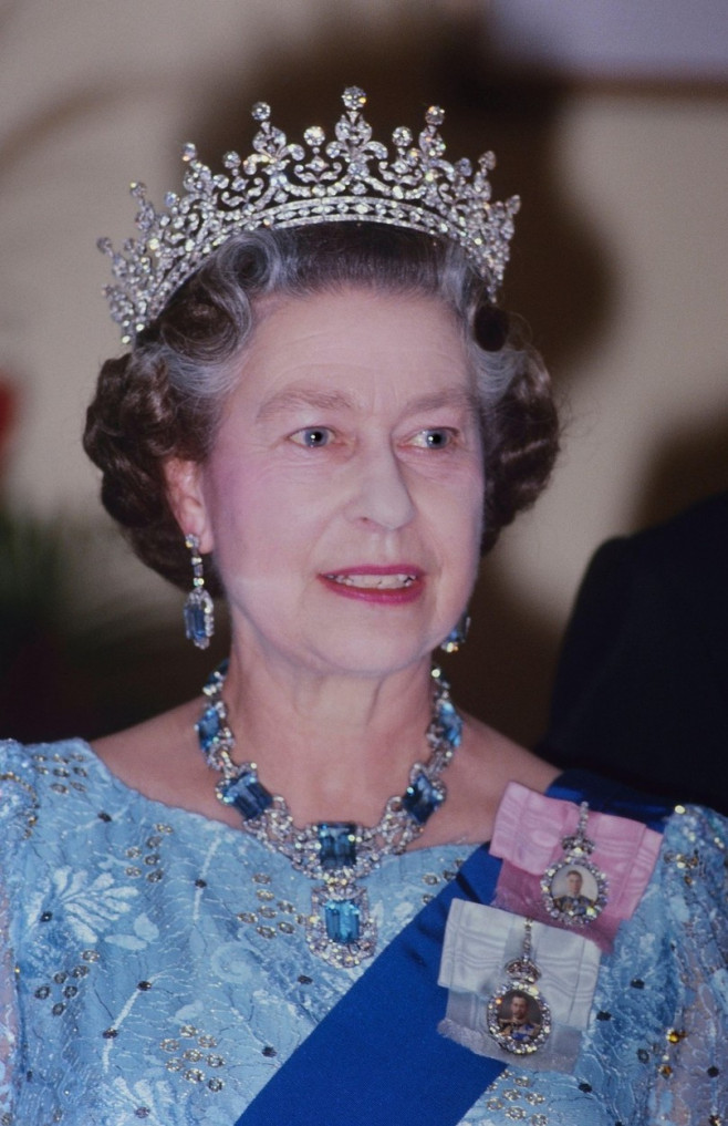 HM Queen Elizabeth II wearing full evening gown, tiara and jewels at a State Occasion in Barbados. 1989