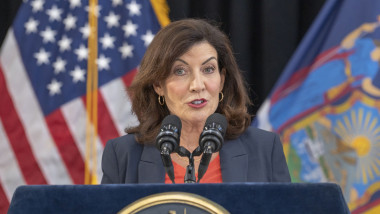 New York State Governor Kathy Hochul speaks during One Year Anniversary of Hurricane Ida event at Elmcor Youth
