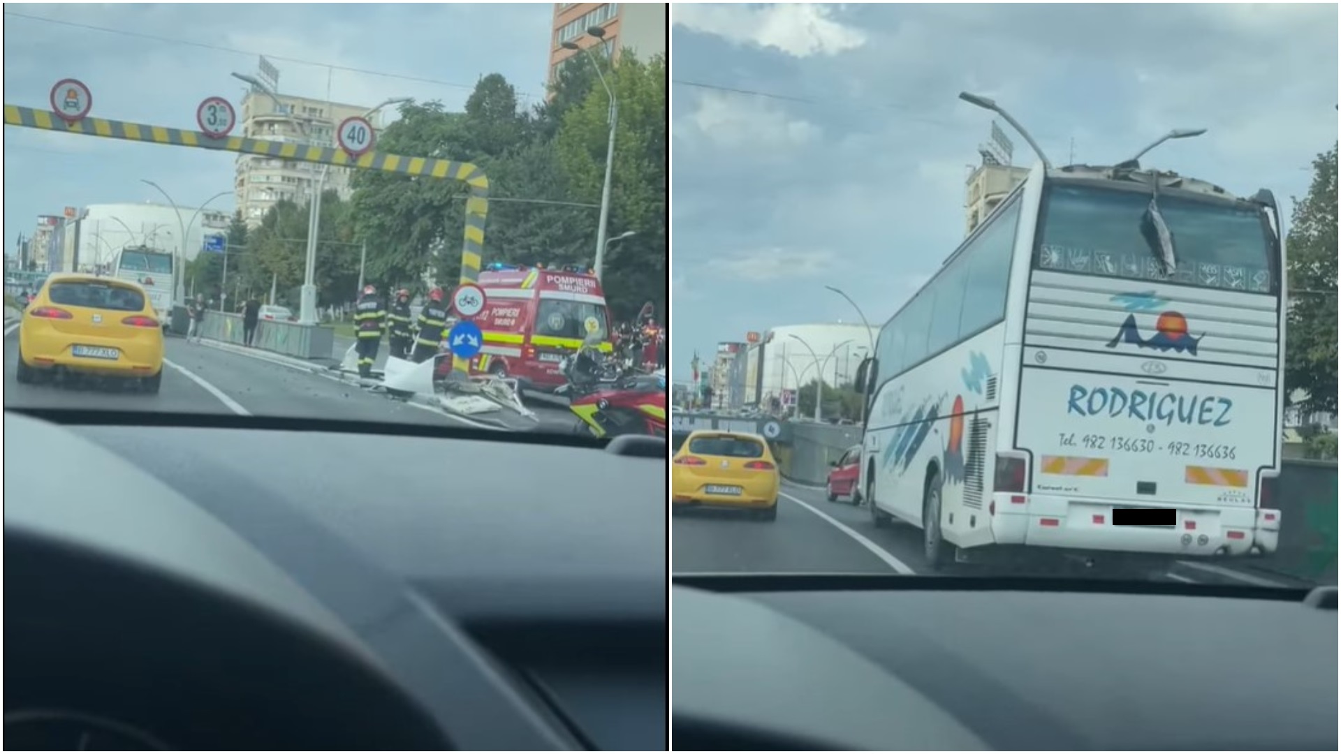 Al patrulea incident în Pasajul Unirii. Un autocar a lovit limitatorul de înălțime și mai multe bucăți au căzut pe o mașină