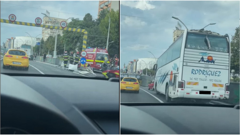 Un autocar a lovit limitatorul de înălțime la intrarea în pasajul Unirii