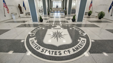 The old entrance of the Central Intelligence Agency Headquarters displaying the seal of the CIA on the floor
