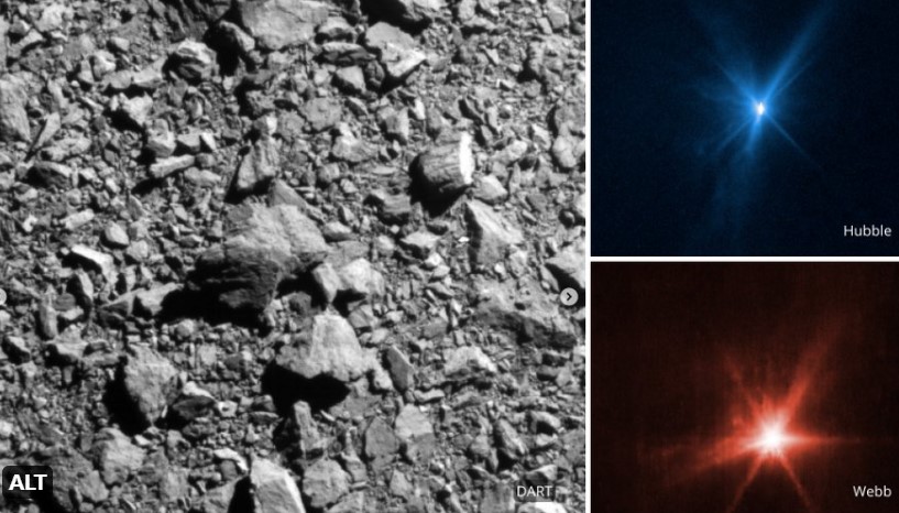 Imagini detaliate cu impactul dintre o sondă NASA și asteroidul Dimorphos, captate de telescoapele spaţiale Hubble şi James Webb