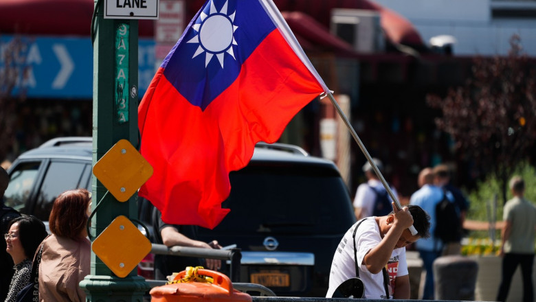 Om cu steagul taiwanului în mâna la un protest la Taipei