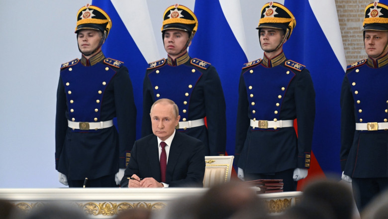 Russian President Vladimir Putin attends a ceremony of signing the agreements that will formally reunite Zaporizhzhia and Kherson regions, as well as the Donetsk and Lugansk People's Republics (DPR and LPR) with Russia at the Kremlin