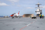 A T-45C Goshawk, attached to Training Air Wing 1, launches from USS Gerald R. Ford's (CVN 78) flight deck, June 17, 2022. Ford is underway in the Atlantic Ocean conducting Chief of Naval Air Training Command (CNATRA) carrier qualifications. (U.S. Navy pho