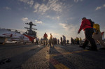 Sailors assigned to USS Gerald R. Ford (CVN 78) conduct a foreign object debris walkdown prior to T-45C Goshawk flight operations, June 19, 2022. Ford is underway in the Atlantic Ocean conducting Chief of Naval Air Training Command (CNATRA) carrier qualif