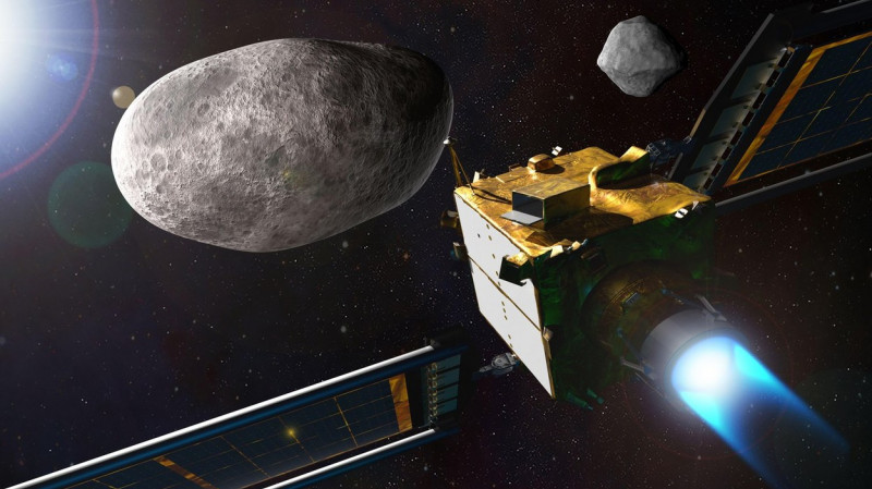 Huntsville, United States Of America. 26th Sep, 2022. Huntsville, United States of America. 26 September, 2022. An artists illustration depicting the NASA Double Asteroid Redirection Test - DART spacecraft prior to impact at the Didymos binary asteroid sy