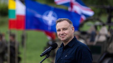 Polish President Andrzej Duda is pictured during a press conference with the Lithuanian president following a joint visit of the NATO Multinational Division North East mobile command center near Szypliszki village