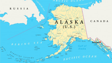 US State Alaska Political Map with capital Juneau, national borders, important cities, rivers and lakes. English labeling.