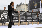 Vienna, Austria. 09th Sep, 2022. Presidential candidate Dominik Wlazny (Marco Pogo) presents his poster campaign on Human Rights Square in Vienna