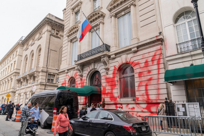 Russian Consulate in NYC vandalized with red paint, New York, United States - 01 Oct 2022
