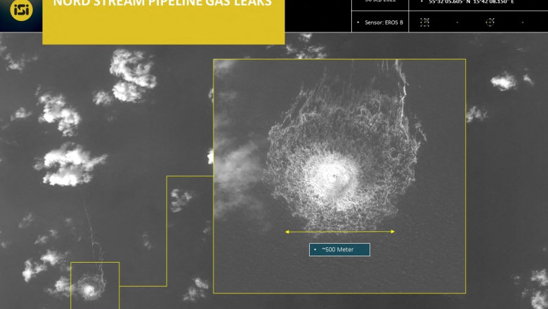 A handout picture released by ImageSat International (ISI) on September 30, 2022, shows an image from an intelligence report depicting a release of gas emanating from a leak on the Nord Stream 1 gas pipeline, in the Swedish economic zone in the Baltic Sea.