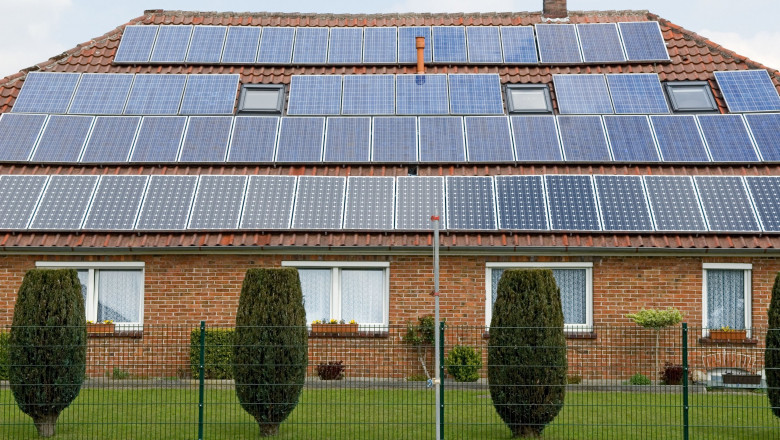 Solar panels on the roof of a residential property in Oldenburg, Lower Saxony, Germany.