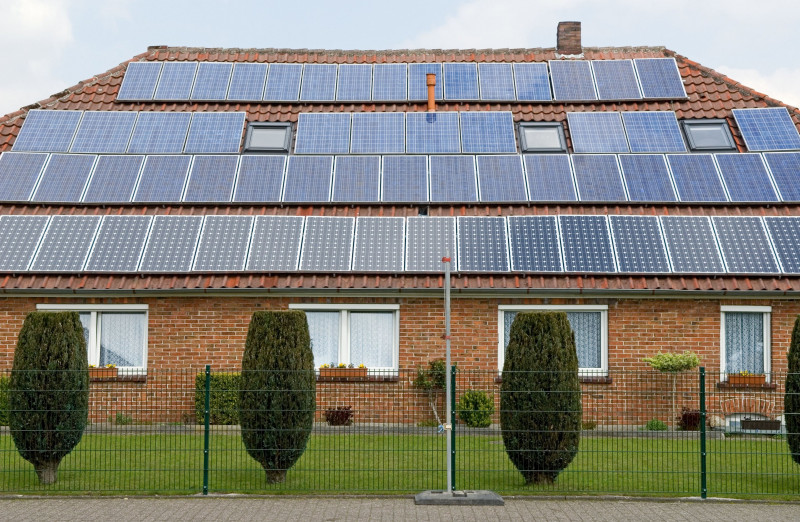 Solar panels on the roof of a residential property in Oldenburg, Lower Saxony, Germany.