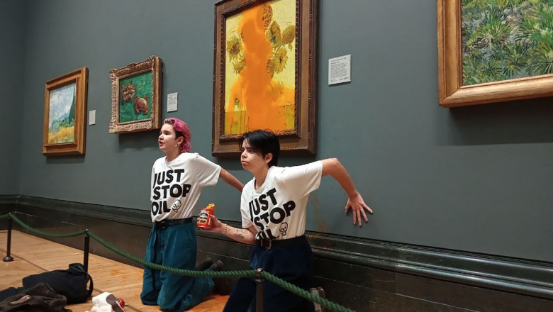 activists with their hands glued to the wall under Vincent van Gogh's "Sunflowers" after throwing tomato soup on the painting at the National Gallery in central London