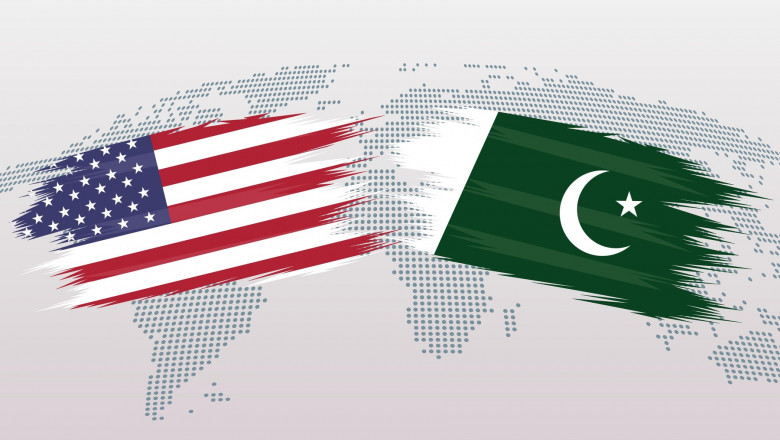USA VS Pakistan flags. The United States of America VS Pakistani flags, isolated on grey world map background. Vector illustration.