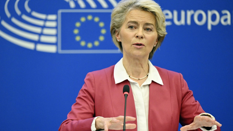 European Commission President Ursula von der Leyen speaks during a press conference