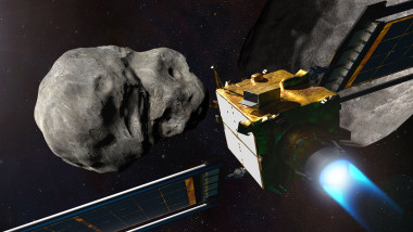 Ilustrație cu o sondă care lovește un asteroid