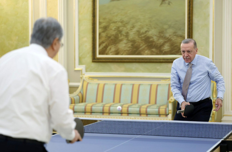 Turkish President Recep Tayyip Erdogan plays ping pong with Kazakh President Kassym-Jomart Tokayev, in Astana, Kazakhstan, Astana, Kazakhstan - 12 Oct 2022