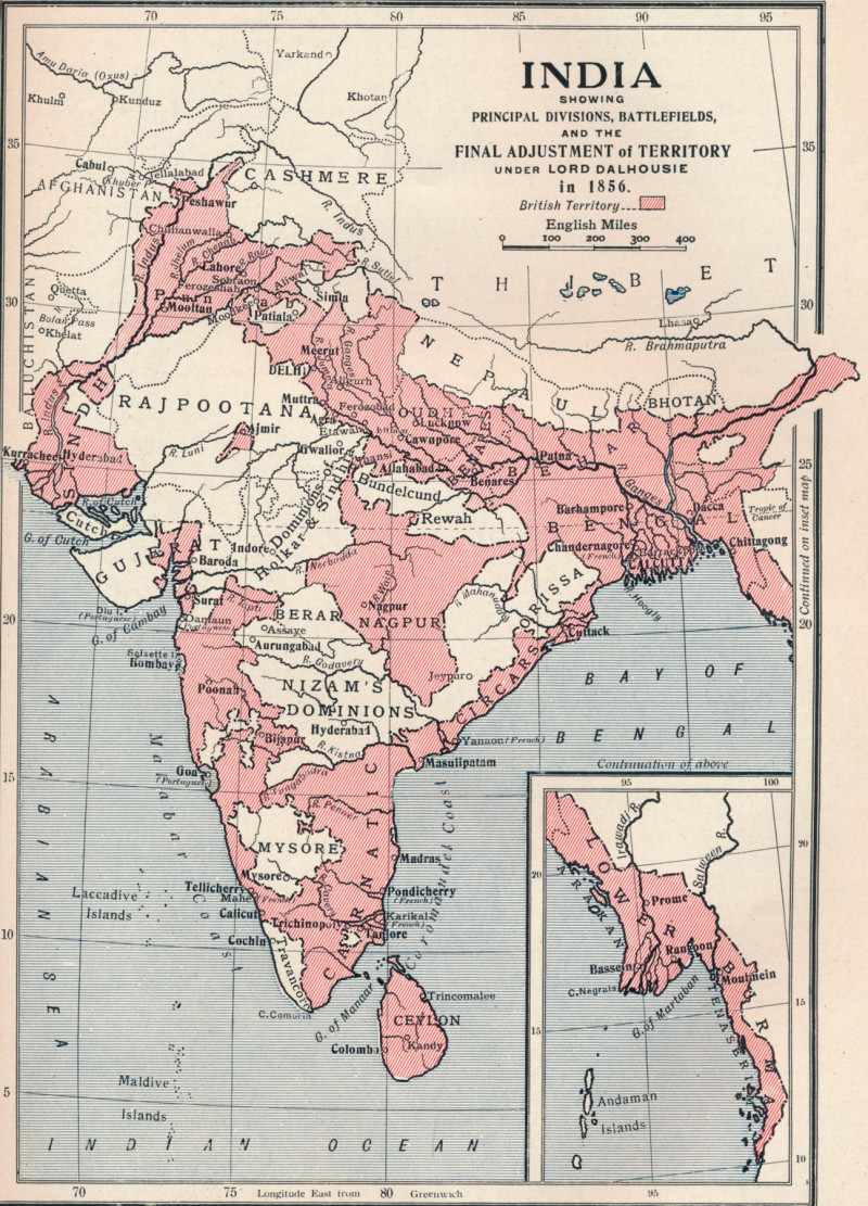 hartă a Indiei în perioada dominației Companiei în regiune