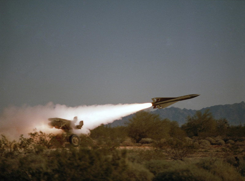 An MIM-23 Hawk surface-to-air missile is fired during a demonstration by the 2nd Light Anti-aircraft Missile Battalion, US Marine Corps. Hawk Firing 1