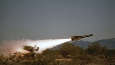 An MIM-23 Hawk surface-to-air missile is fired during a demonstration by the 2nd Light Anti-aircraft Missile Battalion, US Marine Corps. Hawk Firing 1