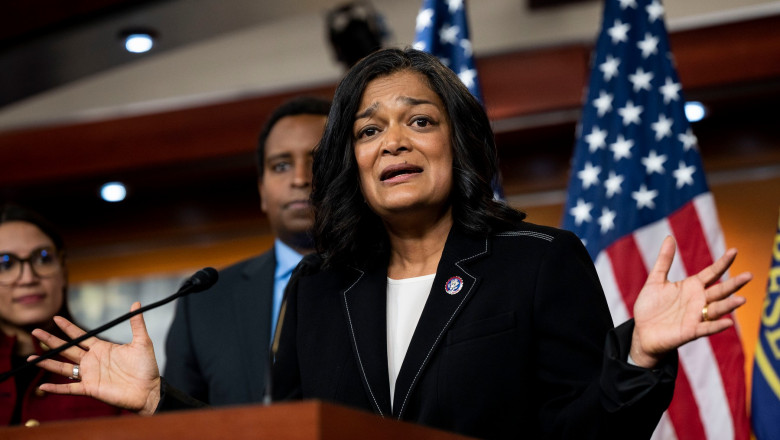 Representative PRAMILA JAYAPAL (D-WA) speaking at a press conference