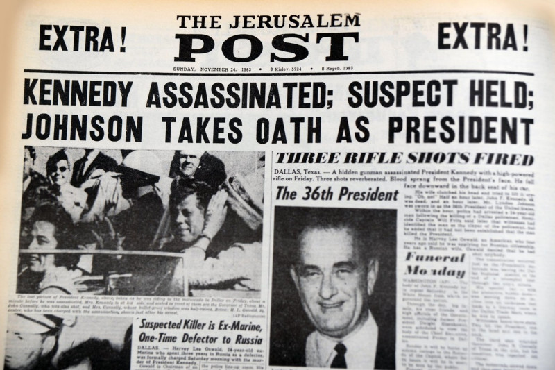 Headline from Israeli newspaper featuring an historical event - Kennedy Assassinated, 1963