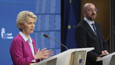 Ursula von der Leyen President of the European Commission talks to the media and answers questions of journalists at a joint press conference with Charles Michel