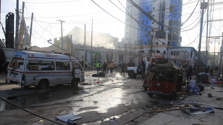 A general view shows the scene of a car bomb explosion in Mogadishu, Somalia on October 29, 2022