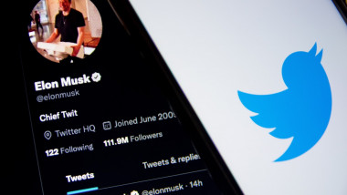 Telefon mobil cu profilul de Twitter al lui Elon Musk și simbolul rețelei sociale în dreapta