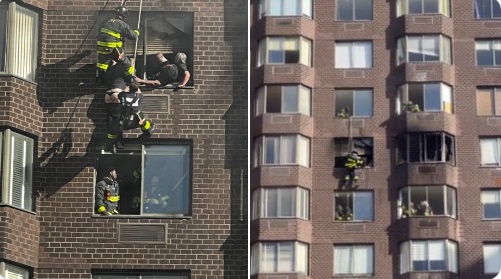 Intervenție spectaculoasă la un incendiu, în Manhattan. Două persoane au rămas atârnate de fereastră, la etajul 20