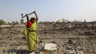 Khulna, Bangladesh: A woman collects wood at the ongoing development project near the Sundarbans mangrove forest, the world heritage site, in Khulna, Bangladesh. People's lives getting worse every day due to the climate change effect. Most of the people d