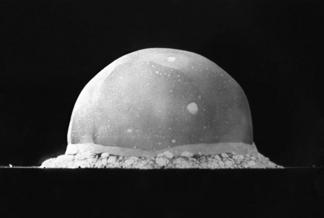 The world's first ever nuclear explosion at the Trinity test site in New Mexico during the Manhattan Project. This image is taken just 16 milliseconds after the detonation. The dome of plasma is already 200m high which means it's expansion rate is 12.5km