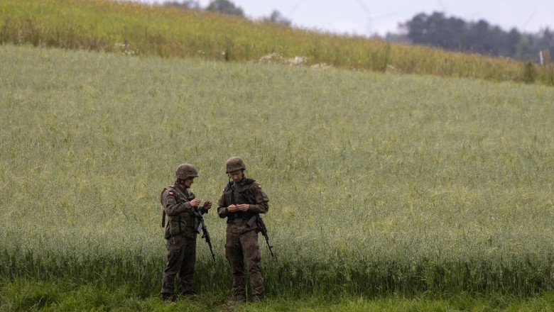 Soldați discută în mijlocul unei zone verzi