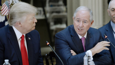 Stephen A. Schwarzman, Chairman, CEO and Co-Founder of Blackstone speaks as United States President Donald Trump looks on during a strategic and policy discussion with CEOs in the State Department Library in the Eisenhower Executive Office Building