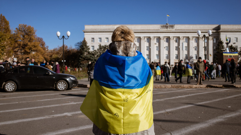 Ukrainians gather at Independence Square as Ukrainian President Volodymyr Zelenskyy visits the city after the withdrawal of the Russian army from Kherson to the eastern bank of Dnieper River