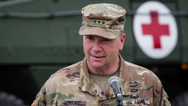 Lieutenant General Ben Hodges, commanding general of the US Army in Europe, in uniform, is seen during a press conference after NATO Saber Strike military exercises on June 16, 2017 in Orzysz, Poland