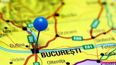 Bucharest pinned on a map of Romania