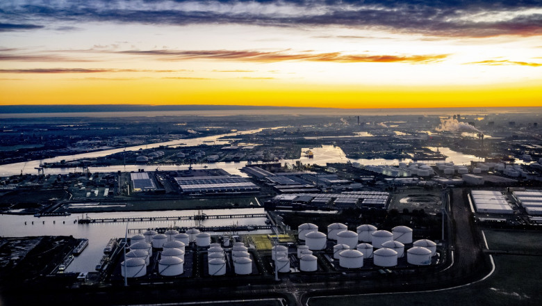 Overview of the Port of Amsterdam with oil tank storage, Netherlands - 20 Nov 2022