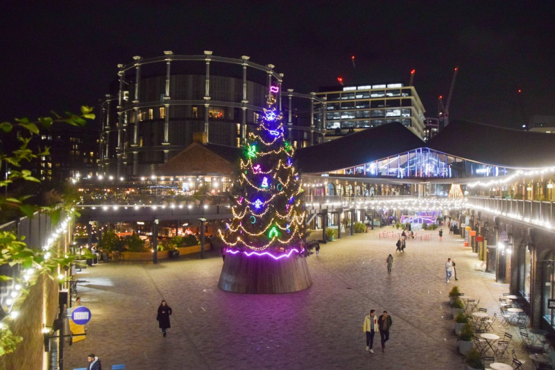 London, UK. 18th November 2022. Christmas tree at Coal Drops Yard shopping and restaurant complex in King's Cross.