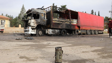 wreckage a truck burnt after being hit by one of the rockets fired from northern Syria in the Karkamis district