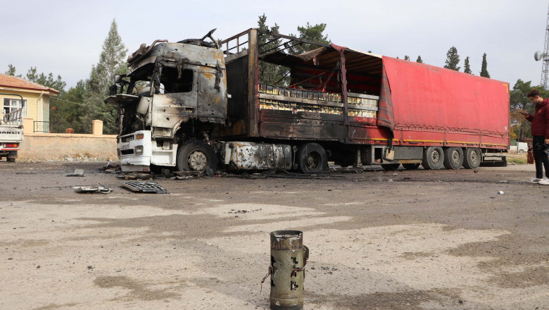 wreckage a truck burnt after being hit by one of the rockets fired from northern Syria in the Karkamis district