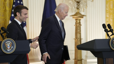 Joe Biden and President Emmanuel Macron depart after conducting a joint press conference in the East Room of the White House