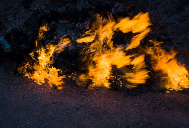 Yanar Dag, the burning mountain, in Baku Azerbaijan, a continuing natural gas fire showing the deposits below ground