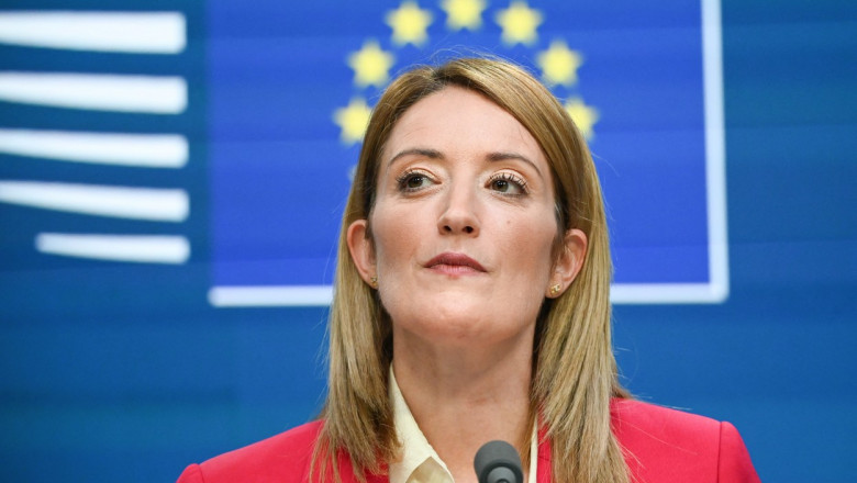 Președinta Parlamentului European, Roberta Metsola, în timpul unei conferințe de presă la Bruxelles, pe 20 octombrie 2022.